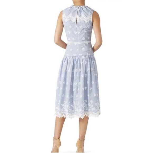 Monique Lhuillier Blue Sleeveless Embroidered Lace Poplin Midi Dress Size 14 - Picture 2 of 16